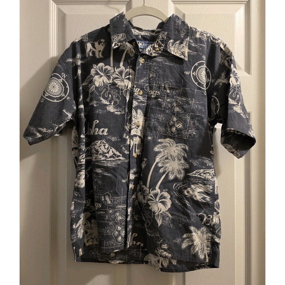 Little Big Dogs Vintage Button Up Grey Shirt Kids 12/14 Hawaiian